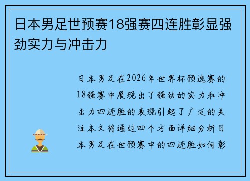 日本男足世预赛18强赛四连胜彰显强劲实力与冲击力 日本男足世预赛18强赛四连胜彰显强劲实力与冲击力